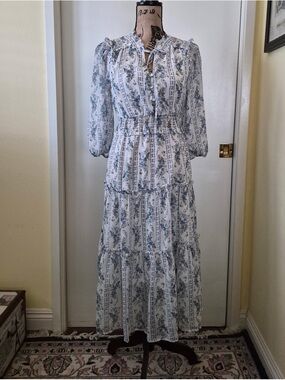 Blu Pepper White and Blue Floral Tiered Maxi Dress